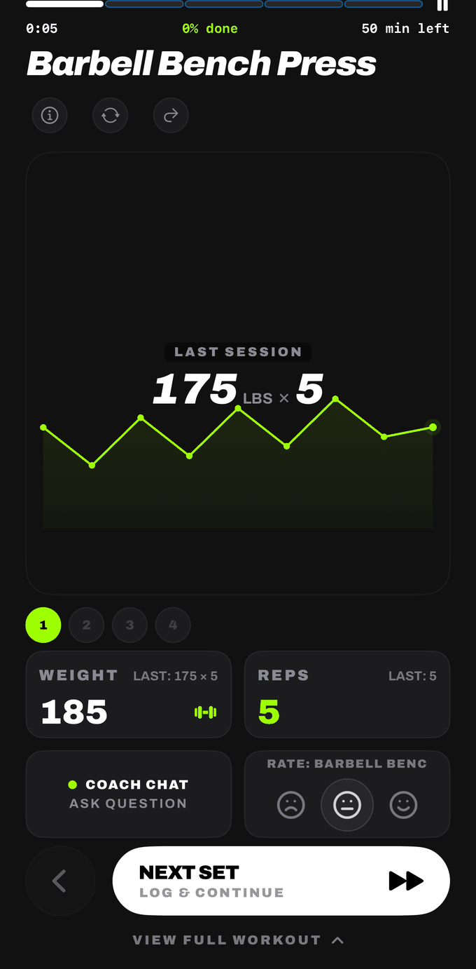 A Kinetics workout screen mid-set: barbell bench press at 185 for 5, with last session's numbers and the progression chart