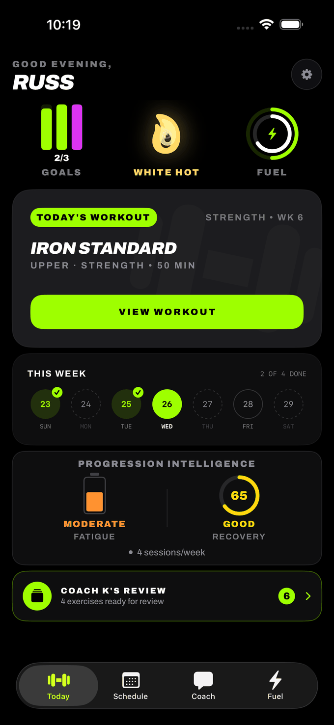 The Kinetics Today screen: week 6 of a strength block, today's upper-body session, and the week's schedule