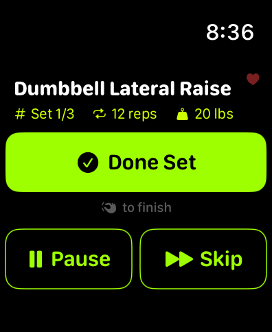 The Kinetics Watch screen mid-workout: dumbbell lateral raise, set 1 of 3, 12 reps at 20 lbs, with Done Set, Pause and Skip