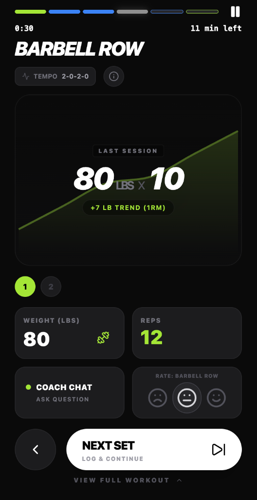 Exercise Screen - Barbell Row with progression graph